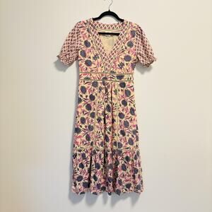 dRA Dress Womens Medium Pink Cotton Floral V Neck Tiered Ruffle Cuffs Boho